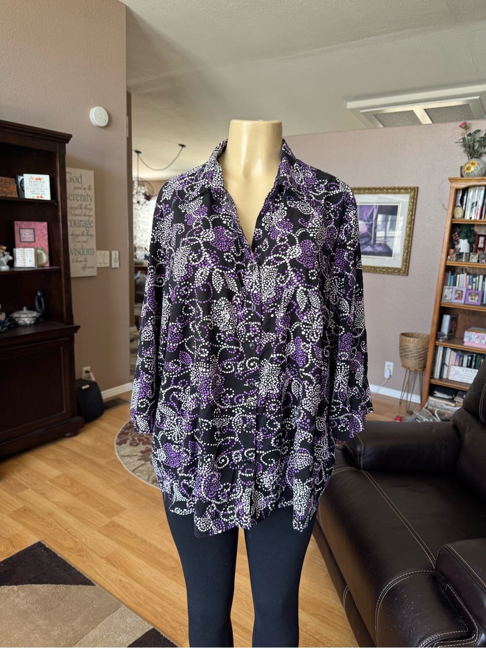 Club Z Collection purple & black patterned button down blouse-size 2X